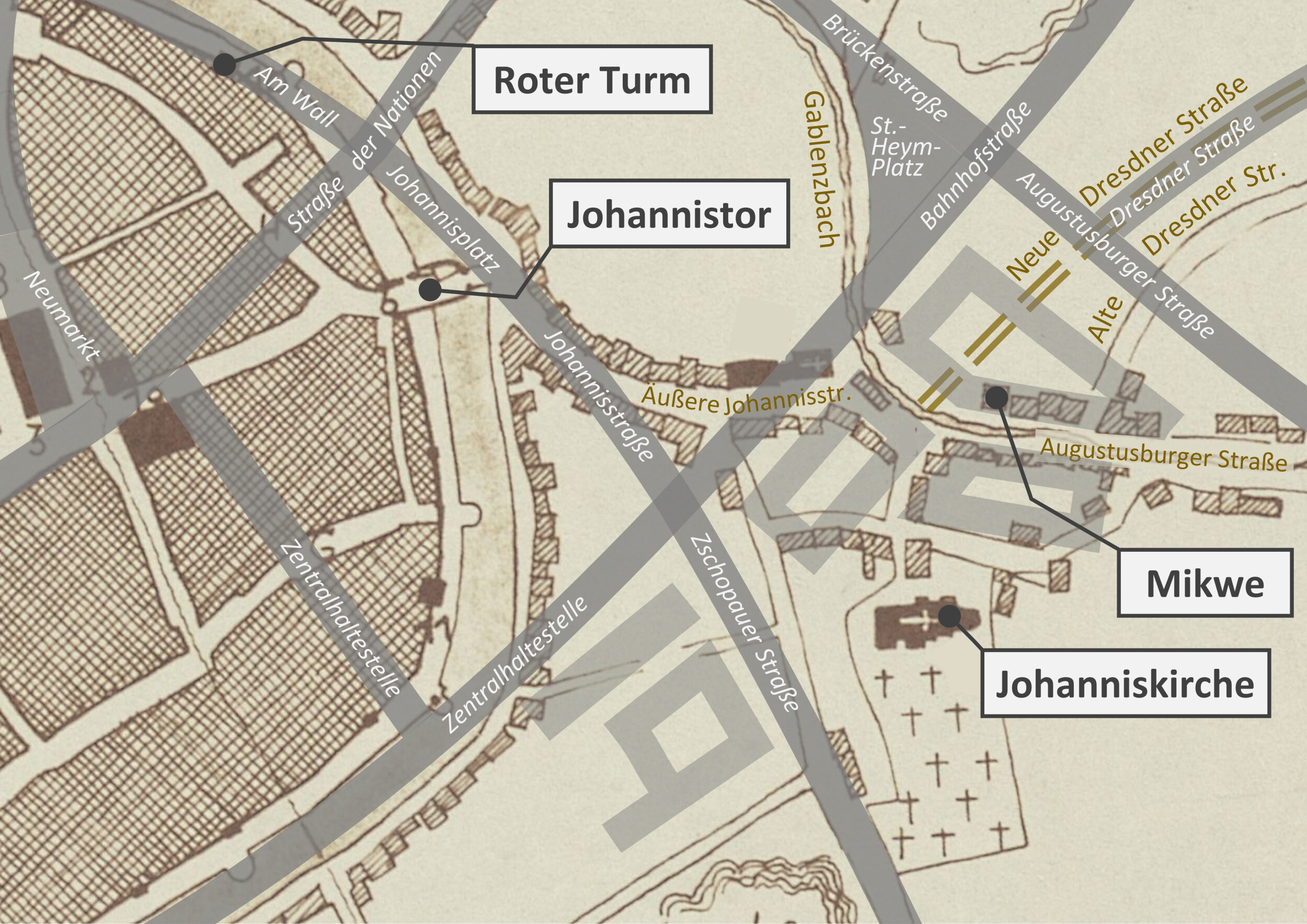 Die alte und die neue Johannnisvorstadt; Als Kartengrundlage dient eine Rekonstruktion von H. Richter; sie zeigt Chemnitz zwischen 1470 und 1630