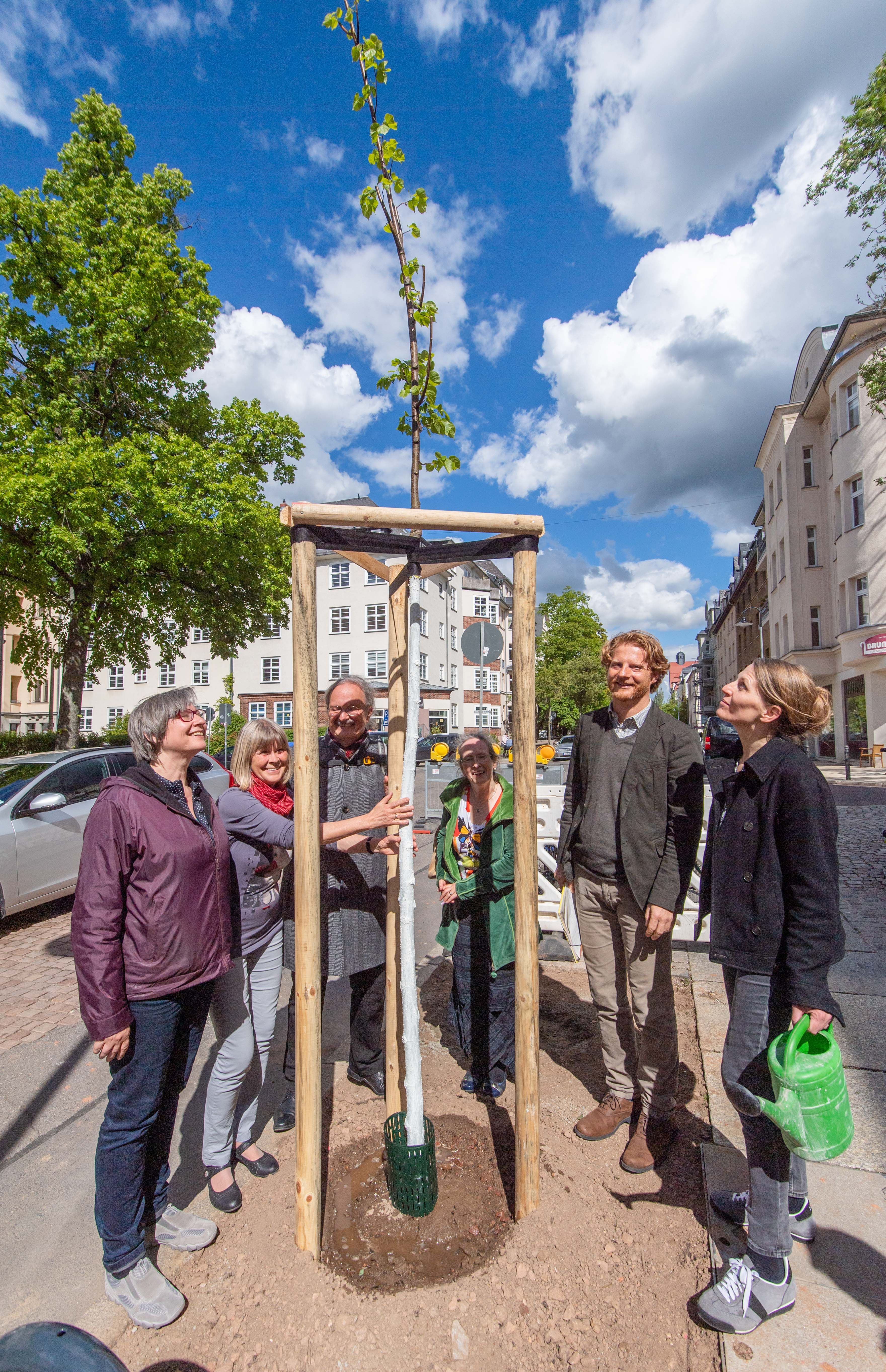 Baubürgermeister Michael Stötzer und Akteure der Bürgerinitiative Kaßbergbäume besichtigen neu gepflanzte Bäume auf der Henriettenstraße