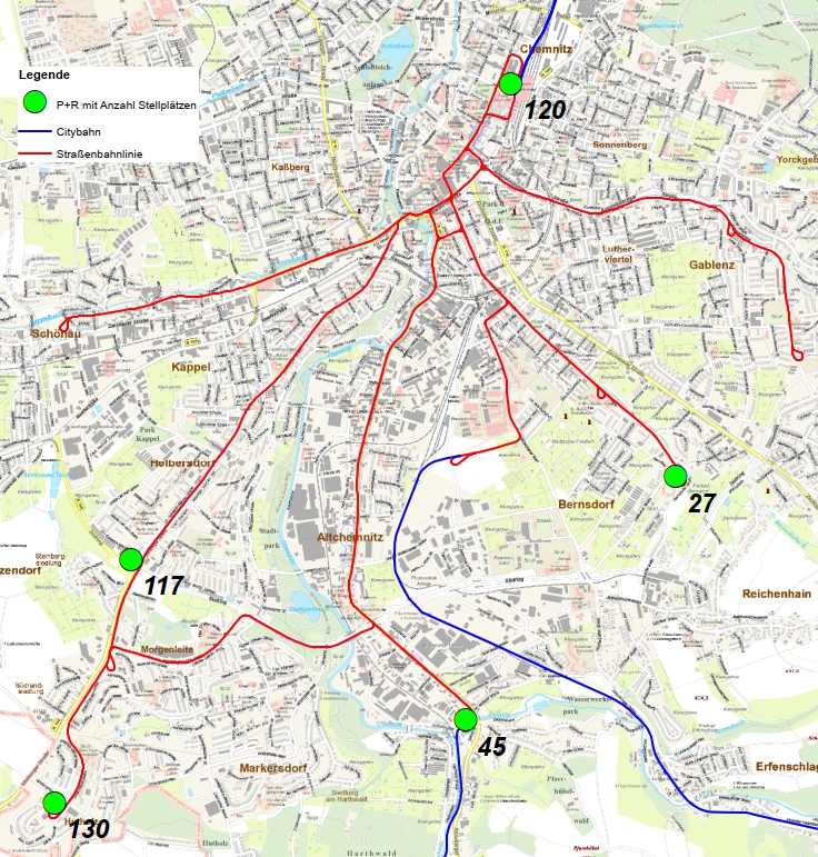 Auszug Stadtplan mit den Standorten der Park & Ride-Plätze