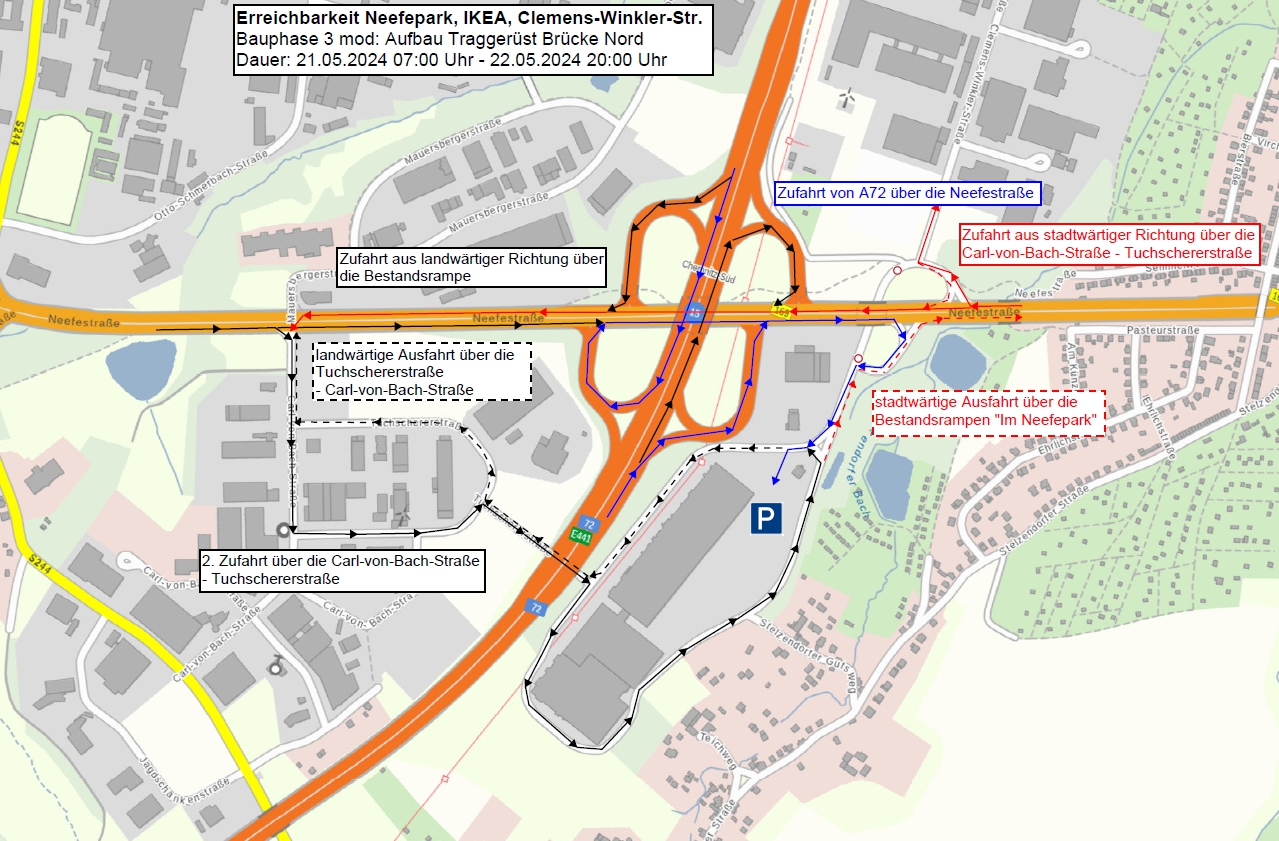 Übersichtsplan zur Verkehrsführung Neefestraße/Im Neefepark vom 21. bis 22. Mai 2024